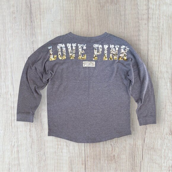 PINK Victoria’s Secret LOVE PINK Sequin Long Sleeve Tee Gray L - Picture 1 of 5